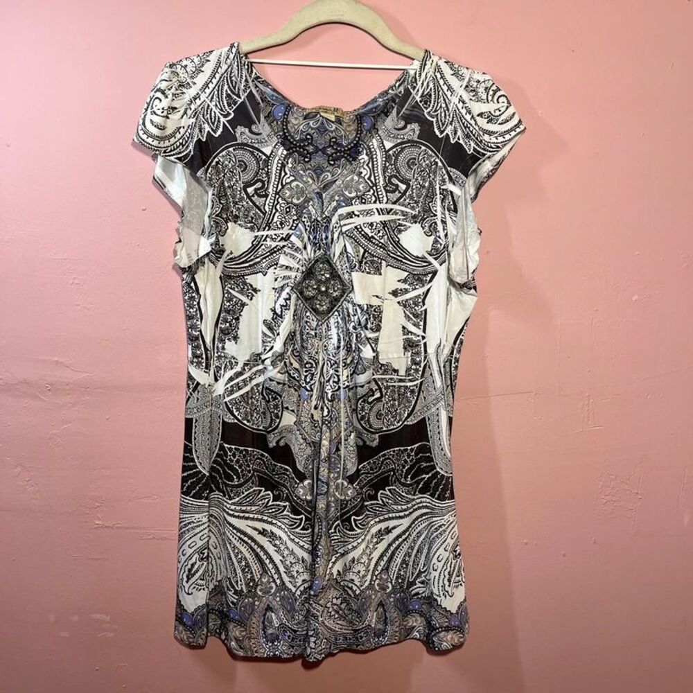 One World Women's Large Gray Floral Short Flutter Sleeve Pullover long Top y2k